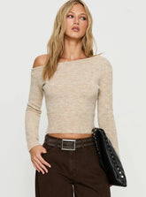 Selbey Fluffy Cinched Waist Off Shoulder Top Cream Marle