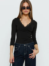 Lyselle Wrap Detail 3 4 Sleeve Bodysuit Black