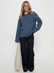 Settle Down Collared Long Sleeve Top Navy Stripe