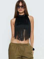 Zephyrine Fringe Asymmetrical Halter Top Black