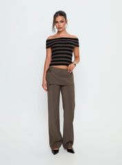 Murmur Off Shoulder Top Brown Black Stripe