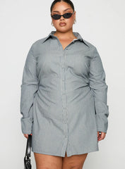 Publicity Long Sleeve Mini Dress Blue Pinstripe Curve