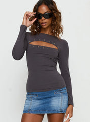 Izetta Eyelet Detail Long Sleeve Top Charcoal