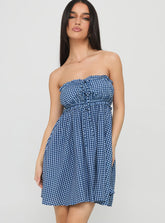 Held My Breath Strapless Babydoll Mini Dress Blue Gingham