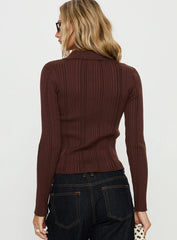 Tiaira Textured Zip Through Collared Long Sleeve Top Brown