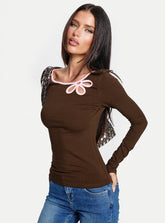 Double Back Floral Cut Out Long Sleeve Top Chocolate / Pink