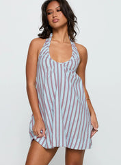 Daydreams Linen Blend Halter Mini Dress Blue Maroon Stripe