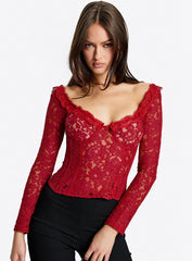 Miquela Long Sleeve Corset Lace Top Red