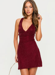 Hypnotise Ruched Halter Mini Dress Burgundy Shimmer