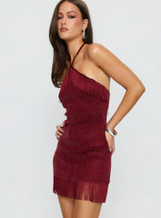 Isabelita Halter Fringe Mini Dress Burgundy