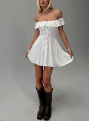 Corail Off Shoulder Frill Mini Dress White