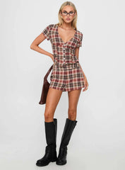 Odera Button Up Blouse Top Red Check
