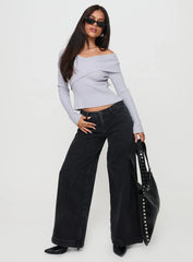 Ribbon Stamp Low Rise Wide Leg Jeans Washed Black