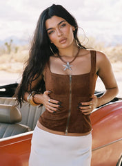 Rodeo Faux Suede Zip Through Top Brown