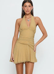 Sayla Halter Ruched Mini Dress Yellow Check