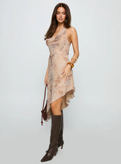 Zolena Halter Asymmetrical Midi Dress Multi