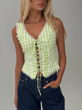 Wayland Tie Up Lace Trim Top Green Check