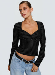 Set For Life Foldover Detail Long Sleeve Top Black / White Pinstripe