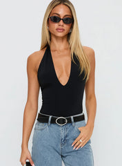 Kendrae Plunge Halter Bodysuit Black