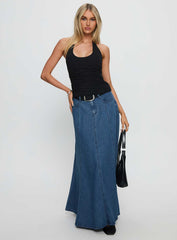 Charleigh Soft Pleat Denim Maxi Skirt Mid Blue Wash