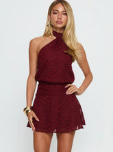 Eurythmic Scarf Halter Mini Dress Burgundy Jacquard