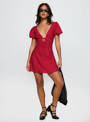 Beloved Puff Sleeve Linen Blend Mini Dress Red Polka