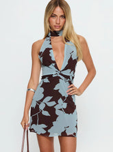 Cecily Scarf Halter Mini Dress Blue Floral