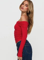 Sonnett Off Shoulder Twist Long Sleeve Top Red