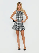 Kolbie Boat Neck Frill Mini Dress Black White Check