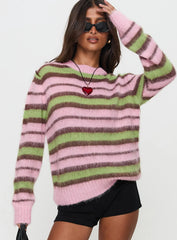 Maysie Crew Neck Knit Sweater Green Pink