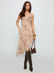 Zolena Halter Asymmetrical Midi Dress Multi