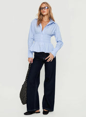 As You Are Shirred Button Up Top Soft Blue