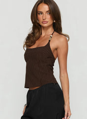 Cherise Bead Detail Top Brown Pinstripe