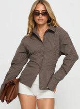 Xinia Tie Waist Long Sleeve Shirt Brown Check