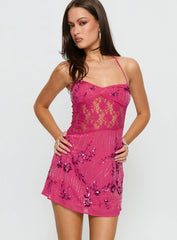 Havanna Halter Embellished Mini Dress Magenta