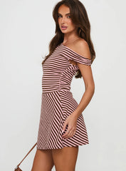 My Fun Off Shoulder Jersey Mini Dress Pink / Brown Stripe