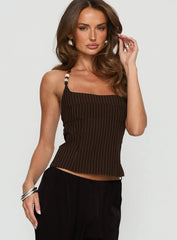 Cherise Bead Detail Top Brown Pinstripe