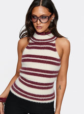 Heide High Neck Fluffy Top Burgundy Stripe