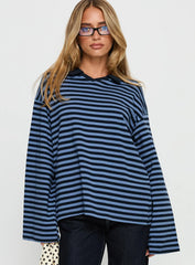 Settle Down Collared Long Sleeve Top Navy Stripe