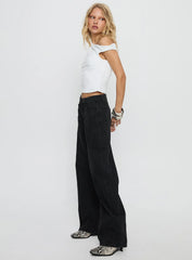 Lost Track Mid Rise Barrel Leg Jeans Washed Black