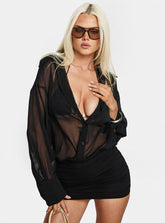 Moonrising Long Sleeve Sheer Blouson Mini Dress Black