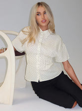 Dannica Cinched Short Sleeve Shirt Cream Polka