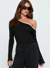 Andrielle One Shoulder Long Sleeve Bodysuit Black White