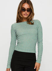 Every Second Boat Neck Long Sleeve Top Green Check