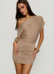 Kysa Off Shoulder Knit Mini Dress Beige
