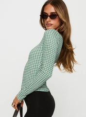 Every Second Boat Neck Long Sleeve Top Green Check