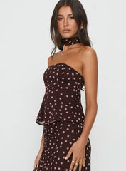 Sydni Scarf Detail Strapless Top Chocolate / Pink Polka