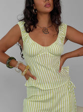 With Pleasure Puff Sleeve Linen Blouse Top Green Blue Stripe