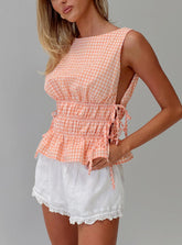 Antiqued Tie Side Top Orange Check