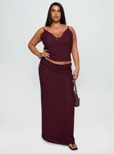 Reiko Lace Trim Tie Front Maxi Set Burgundy Curve